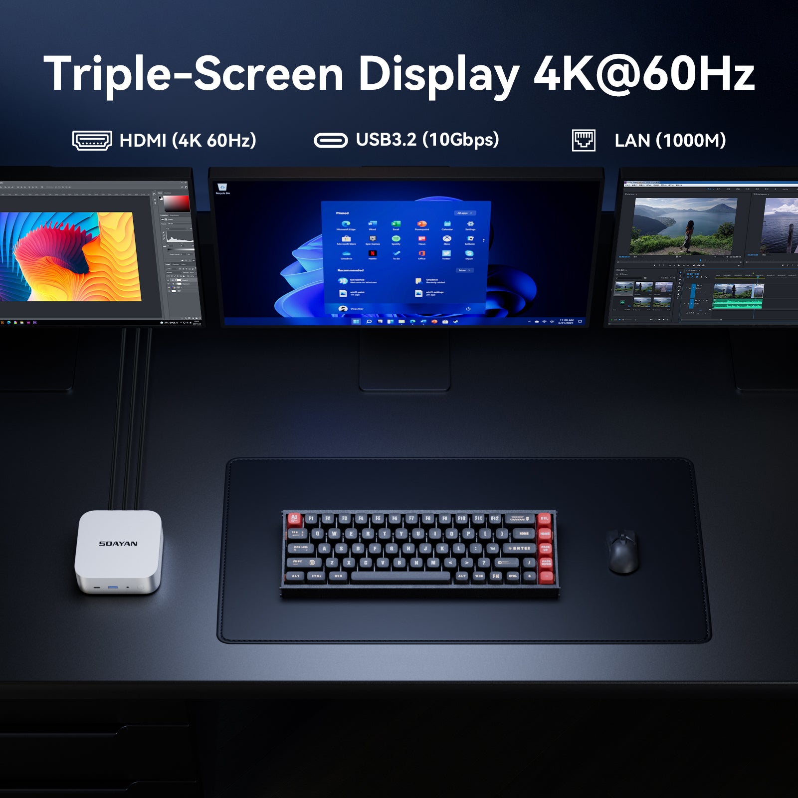 SOAYAN-MQi Mini PC, Intel CPU, LPDDR5/DDR4/DDR5, Triple 4K Display, Windows 11 Pro