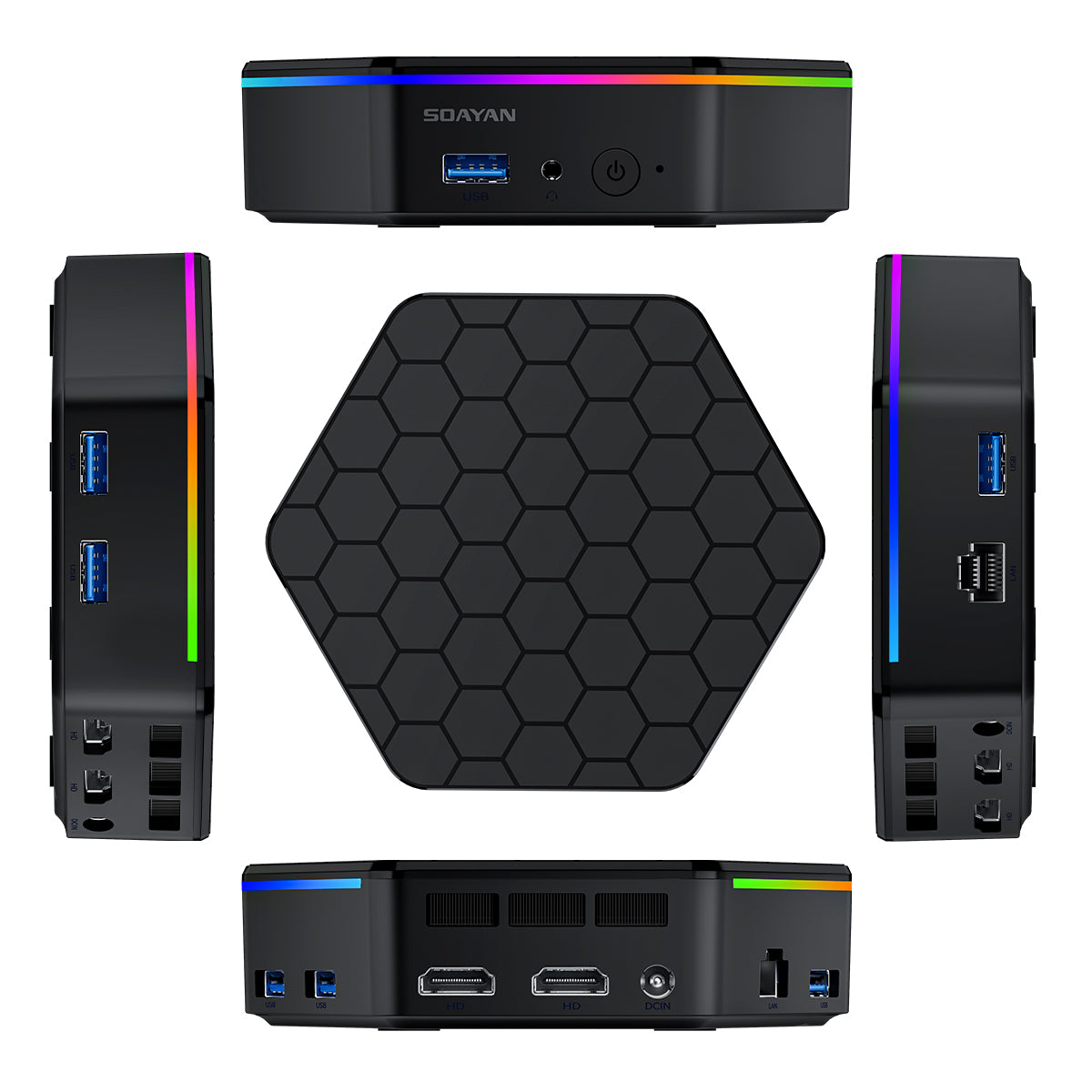 SOAYAN-N6 Mini PC, RGB Hexagon Design, Intel N100, 16GB RAM, 500GB SSD, Dual 4K, Windows 11