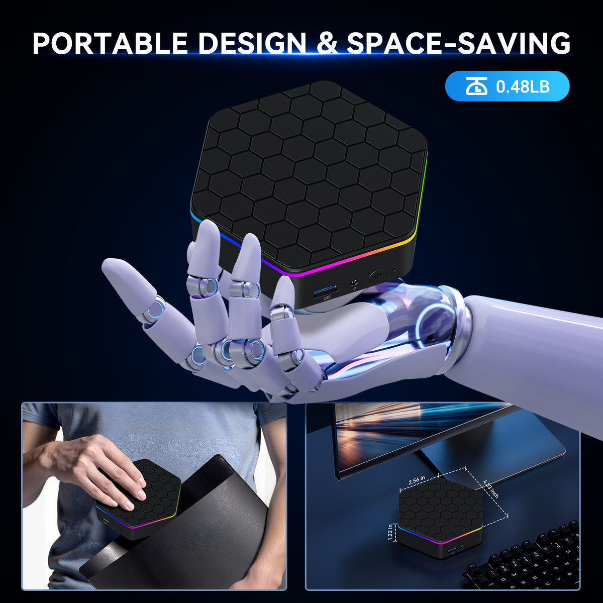 SOAYAN-N6 Mini PC, RGB Hexagon Design, Intel N100, 16GB RAM, 500GB SSD, Dual 4K, Windows 11