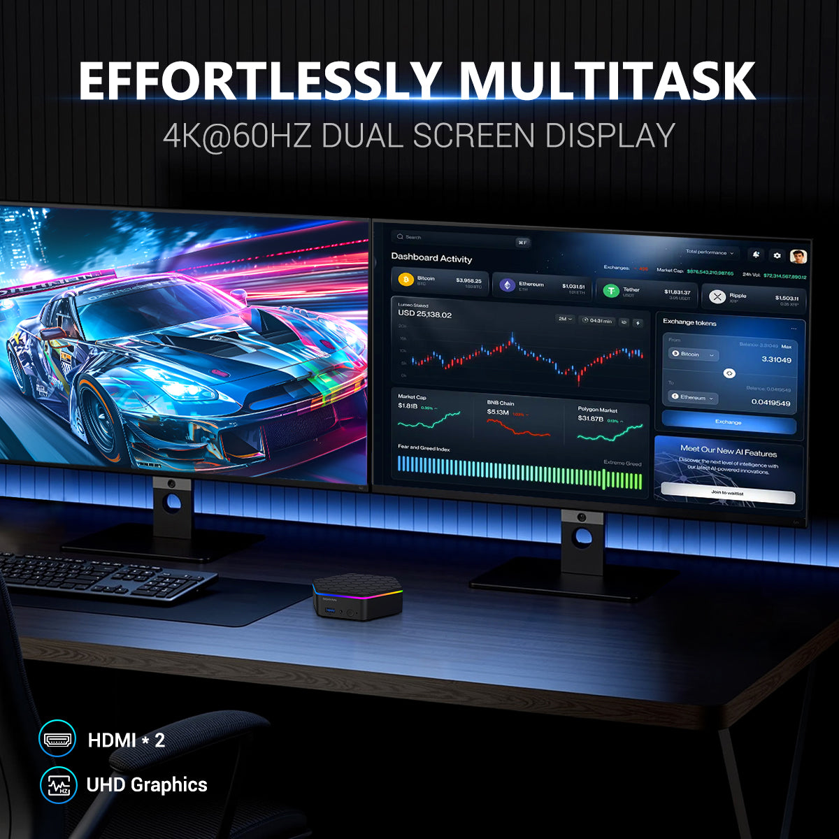 SOAYAN-N6 Mini PC, RGB Hexagon Design, Intel N100, 16GB RAM, 500GB SSD, Dual 4K, Windows 11