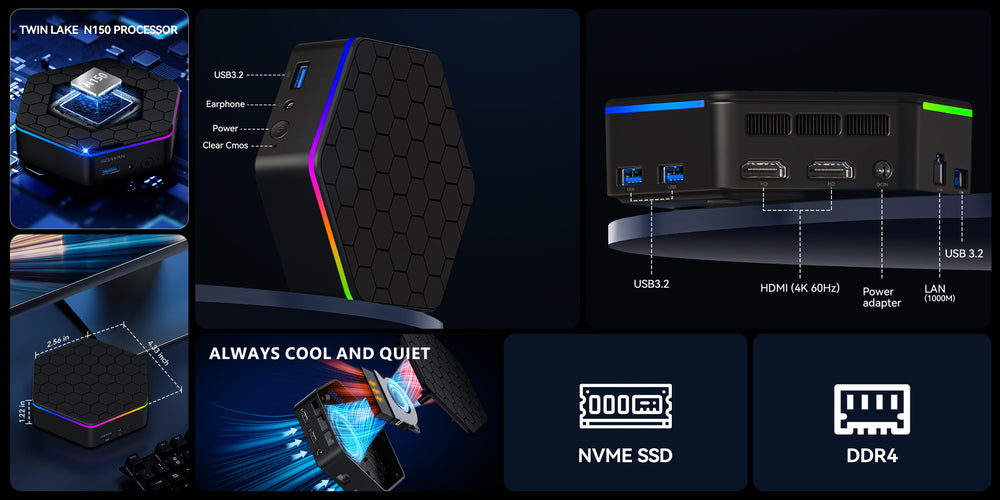 SOAYAN-N6 Mini PC, RGB Hexagon Design, Intel N150, 16GB RAM, 500GB SSD